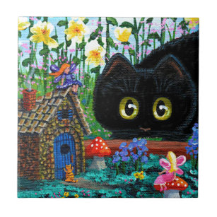 Carreau Cottage féerique drôle de jardin de chat noir