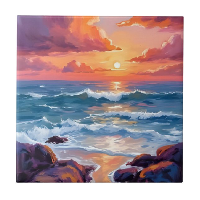 Carreau Coucher de soleil océanique doré | Aquarelle Côtiè (Devant)