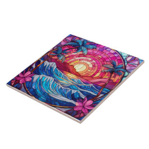 Carreau Coucher de soleil rose de l'île tropicale Vitrail