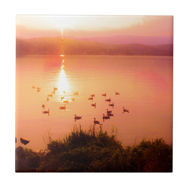 Carreau Coucher de soleil rose et de lac de pêche (Devant)