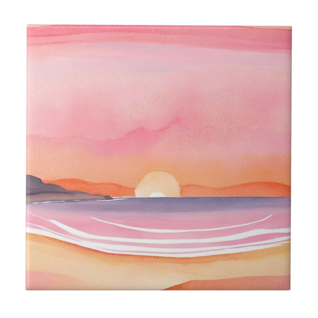 Carreau Coucher de soleil rose | Peinture de ciel de plage (Devant)