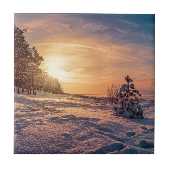 Carreau Coucher de soleil sur la côte de la mer d'hiver (Devant)