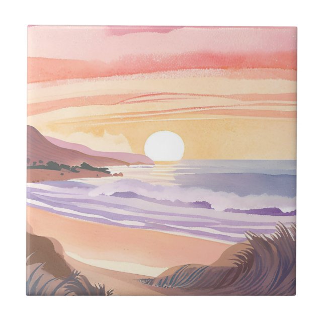 Carreau Coucher de soleil sur la mer rose | Peinture aquar (Devant)