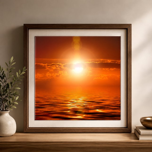 Carreau Coucher de soleil tranquille ciel doré orange sur  (Tranquil Sunset Orange Golden Sky Over Sea Ocean Ceramic Tile)