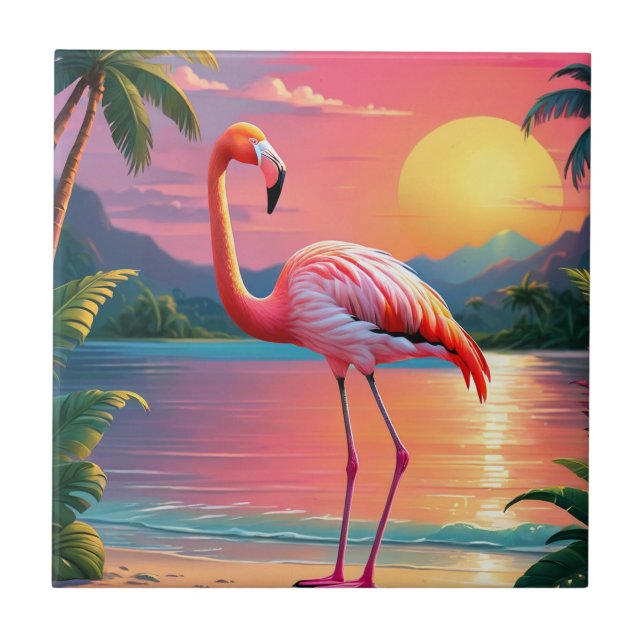 Carreau Coucher de soleil tropical aux flamants roses  (Devant)