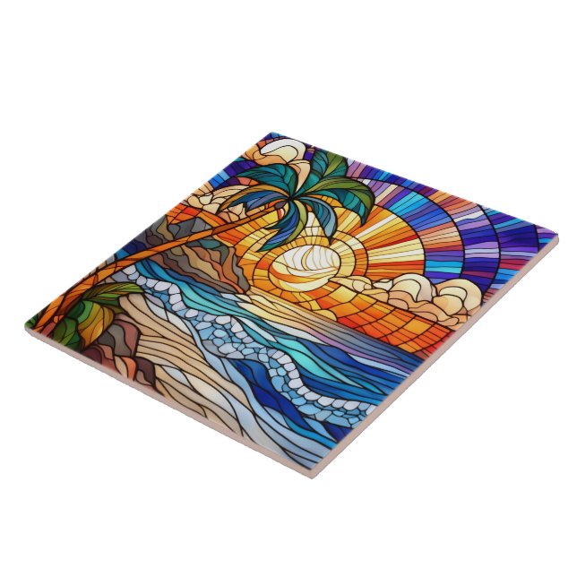 Carreau Coucher de soleil tropical sur la plage vitraux (Côté)