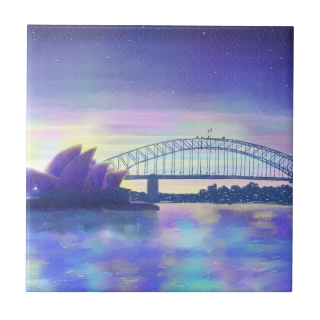 Carreau Coucher de soleil violet aquarelle sur la baie de  (Devant)