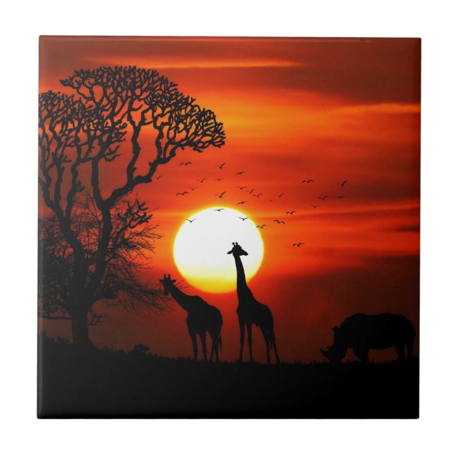 Carreau Coucher du soleil orange en silhouette de girafe (Devant)