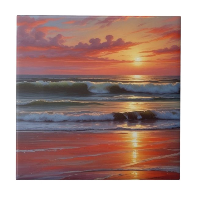 Carreau Coucher Rouge Océan Peinture de paysage marin (Devant)