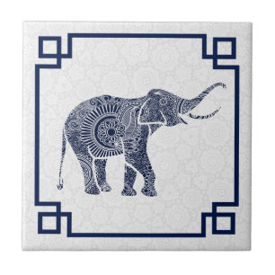 Carreau Couleurs Bleues Joli Retro Eléphant Floral 2 Avec
