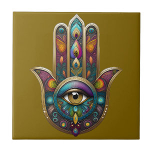 Carreau Couleurs de paon Hamsa avec Troisième Œil en or