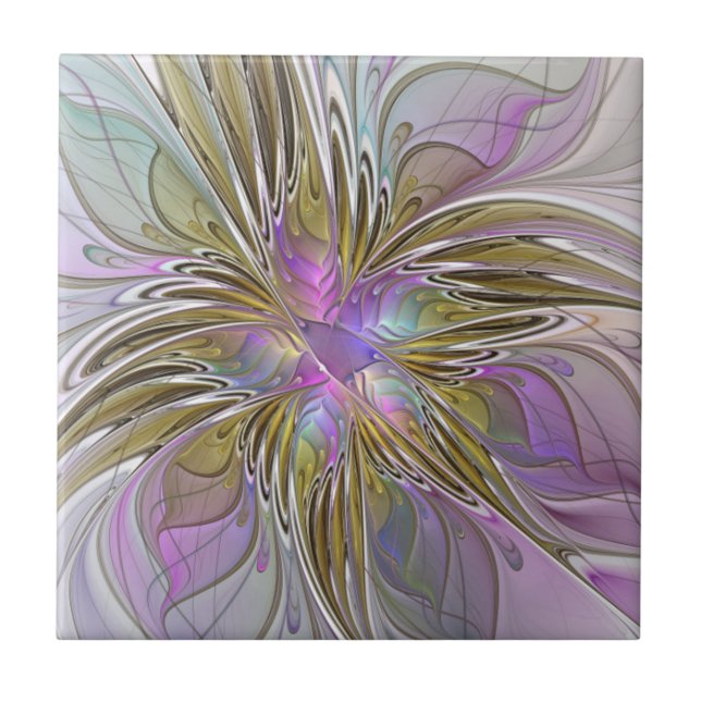 Carreau Couleurs Florales Abstraites Fractales Avec Rose & (Devant)
