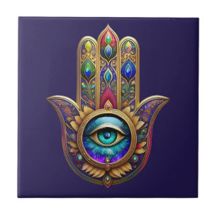 Carreau Couleurs Paon Doré Hamsa Saphir Vert Troisième Œil