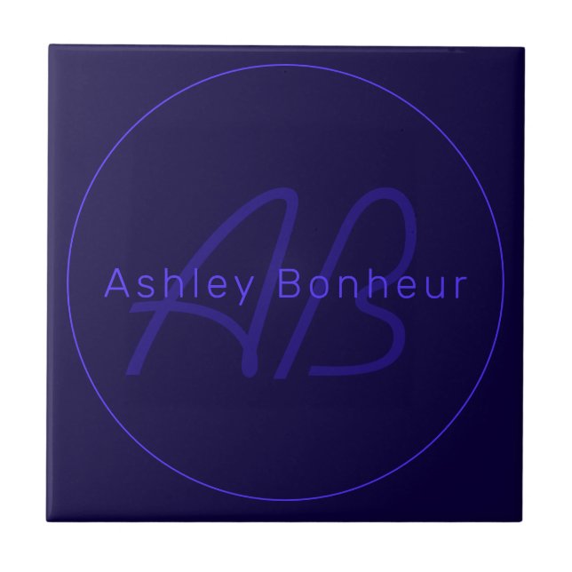 Carreau Couleurs Violet Foncé Modernes | Nom et Monogramme (Devant)