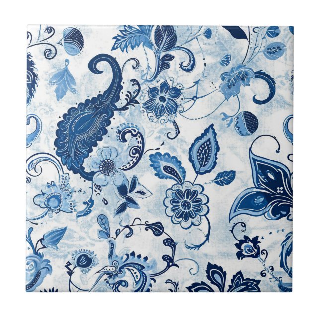 Carreau Country Farmhouse Bleu et Blanc Paisley (Devant)