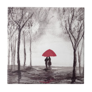 Carreau Couple d'amour de parapluie rouge