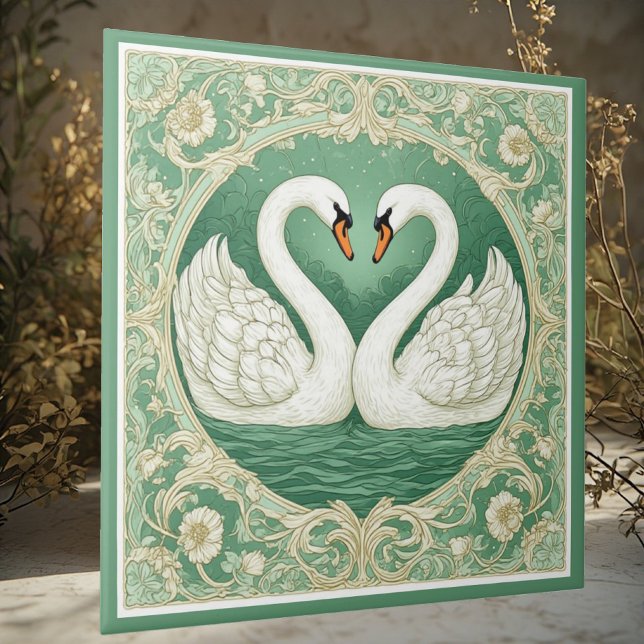 Carreau Couple de cygnes Art nouveau motifs floraux de lac (Art Nouveau Green Swan Couple Lake Floral Motifs Ceramic Tile)