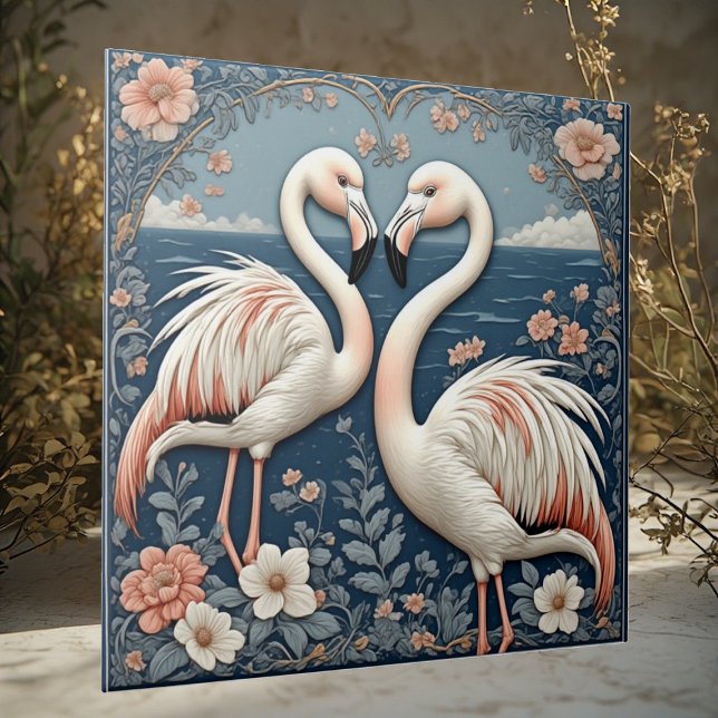 Carreau Couple de flamants romantiques Art déco Étang bleu (Romantic Flamingo Couple Art Deco Blue Pond Floral Ceramic Tile)