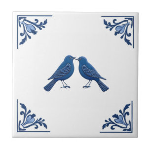 Carreau Couple d'oiseau Delft Blue and White Floral Corner