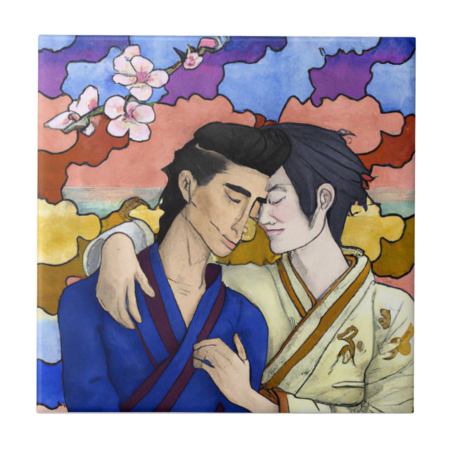 Carreau Couple Gay Dans Le Style De L'Art Japonais Ukiyo-e (Devant)