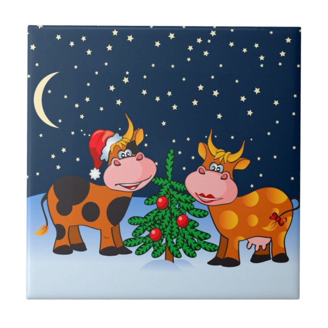 Carreau Couples doux de vache à Joyeux Noël par l'arbre de (Devant)