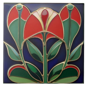 Carreau Courbes de fleurs rouges et vertes Art Nouveau mod