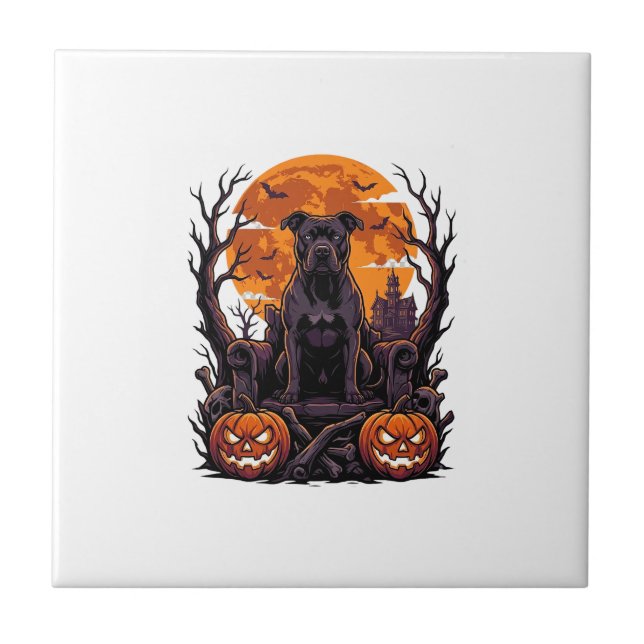 Carreau Couronne de citrouilles de Pitbull noir Halloween  (Devant)