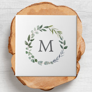 Carreau Couronne de feuilles de sauge verte rustique monog