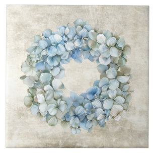 Carreau Couronne de fleurs d'hortensia bleu aquarelle rust