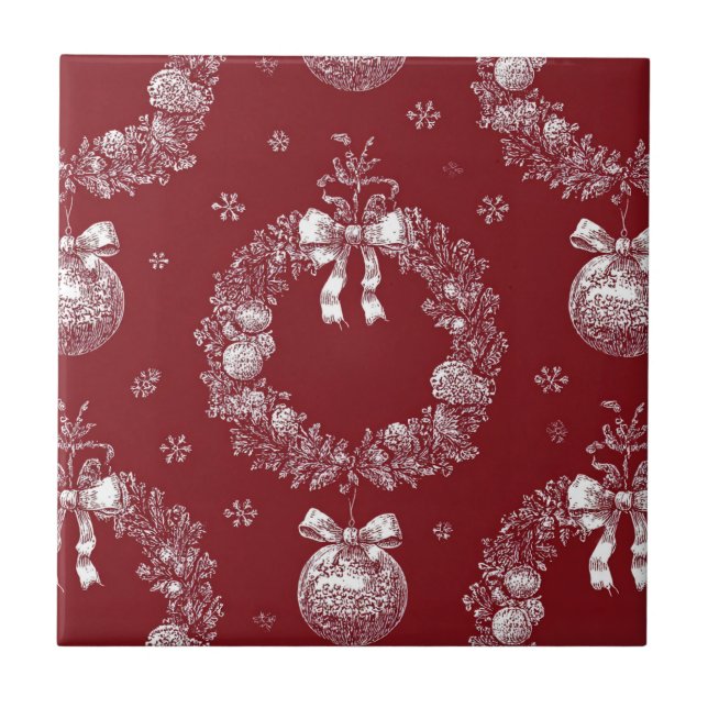 Carreau Couronne de Noël Toile sur fond rouge foncé (Devant)