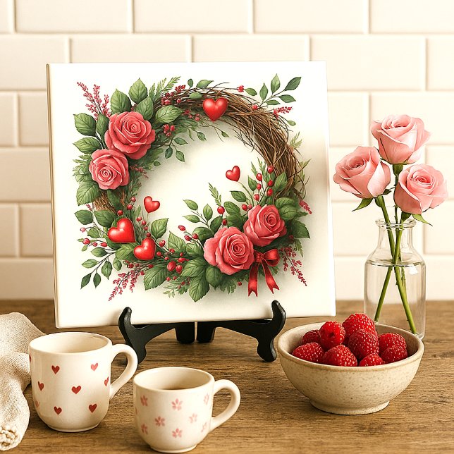Carreau Couronne de roses roses romantiques avec cœurs rou (“Styled using AI-generated mockup by Susang6.”)