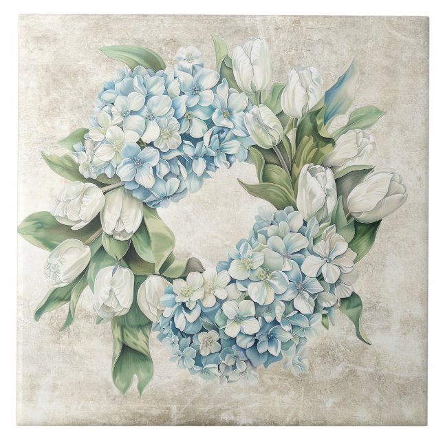 Carreau Couronne d'hydrangeas et de tulipes aquarelle bleu (Devant)