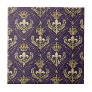 Carreau Couronne d'or Fleur-de-lis Royale Motif Violet