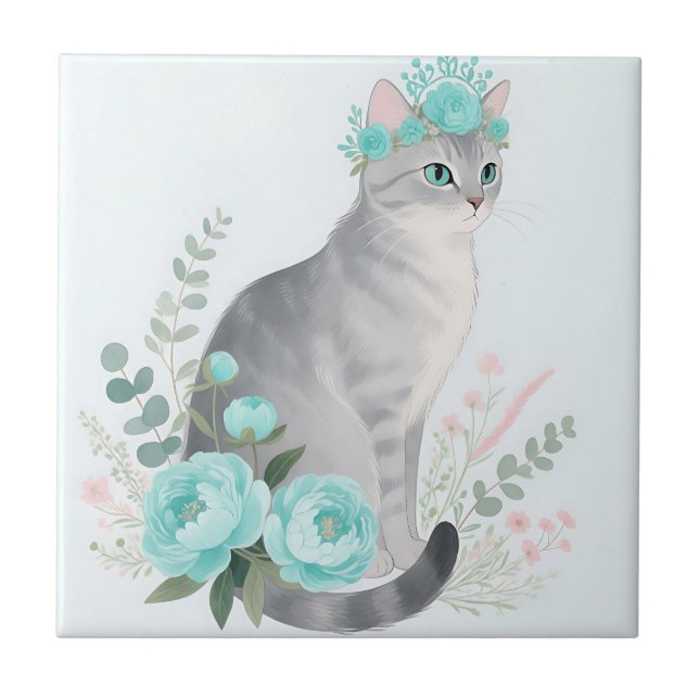 Carreau Couronne Florale Chat Gris (Devant)