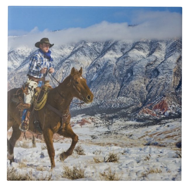 Carreau Cow-boy à cheval portant des chaps en cuir (Devant)