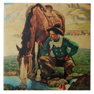 Carreau Cow-boy abreuvant son cheval par NC Wyeth