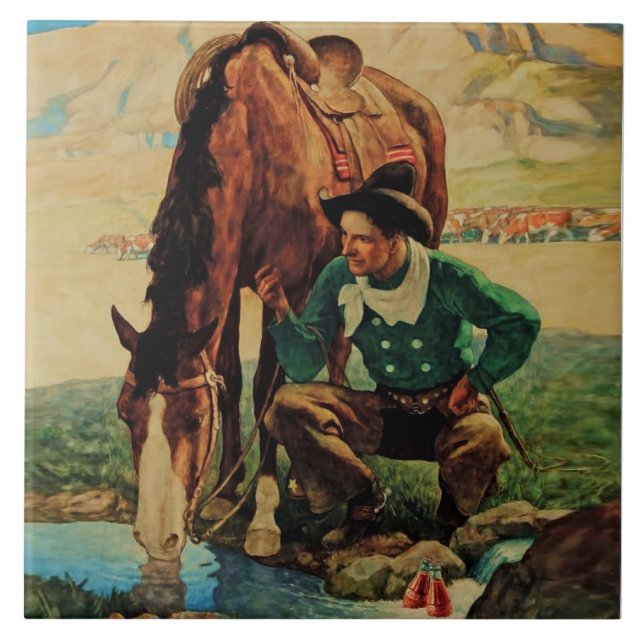 Carreau Cow-boy abreuvant son cheval par NC Wyeth (Devant)