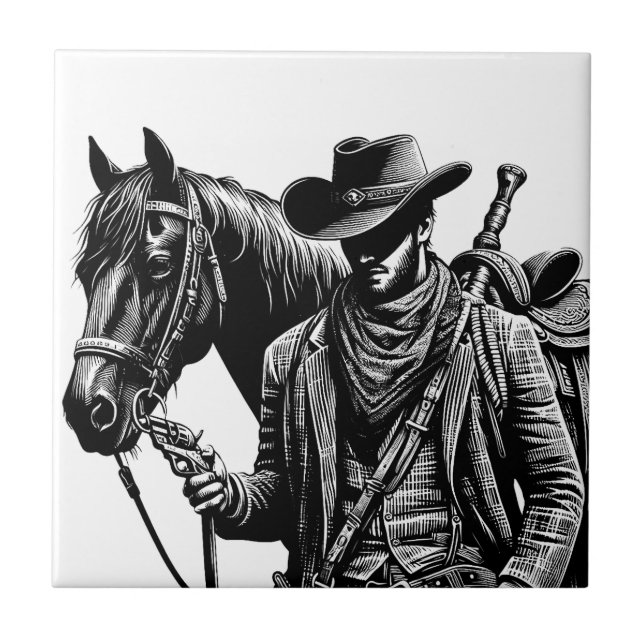 Carreau Cowboy à cheval illustration de l'art occidental (Devant)