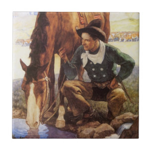 Carreau Cowboy arrosant son cheval par NC Wyeth, Art vinta