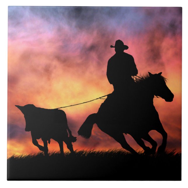 Carreau Cowboy Steer Roping au coucher du soleil (Devant)