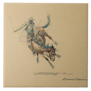 Carreau Cowboy sur un cheval qui rue #3 par Edward Borein