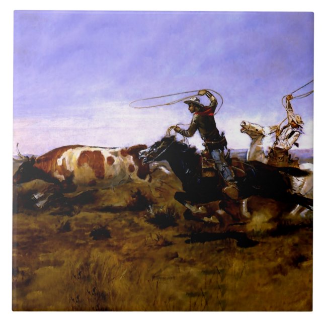 Carreau "Cowboys Roping a Steer" par Charles M Russell (Devant)