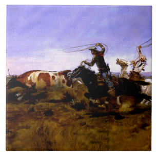 Carreau « Cowboys Roping a Steer » par Charles M. Russell