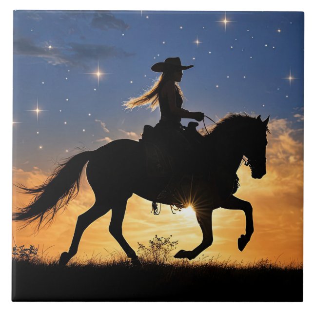 Carreau Cowgirl and Horse Sunset Fantasy Country Western (Devant)