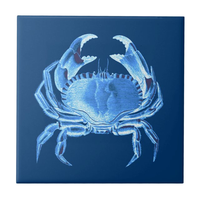 Carreau Crab Sea Life Imprimer, Indigo Blue and White (Devant)