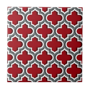 Carreau Cranberry Charcoal White Moroccan Quatrefoil #5DS