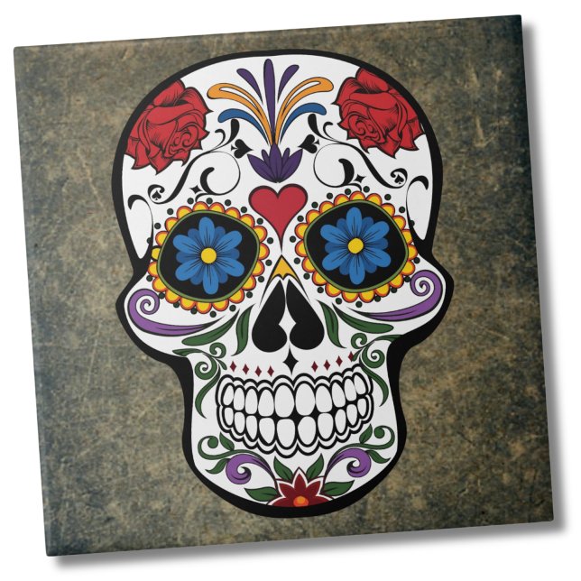 Carreau Crâne à sucre de fleurs (Dia De Los Muertos Red Roses Sugar Skull Ceramic Tile)