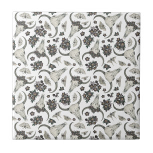 Carreau Crâne animal gothique avec fleurs Motif