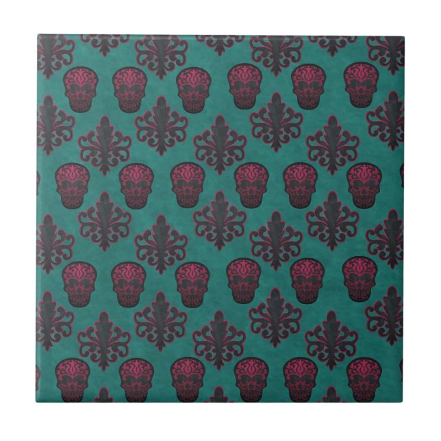 CARREAU CRÂNE DAMASK ROSE CHAUD SUR TEAL (Devant)