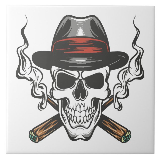 Carreau Crâne de gangster avec chapeau fedora (Devant)